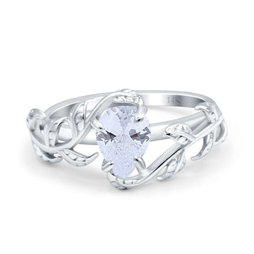 14K White Gold Art Deco Leaves Pear Vintage Style Bridal Ring Simulated Cubic Zirconia Wedding Engagement Ring